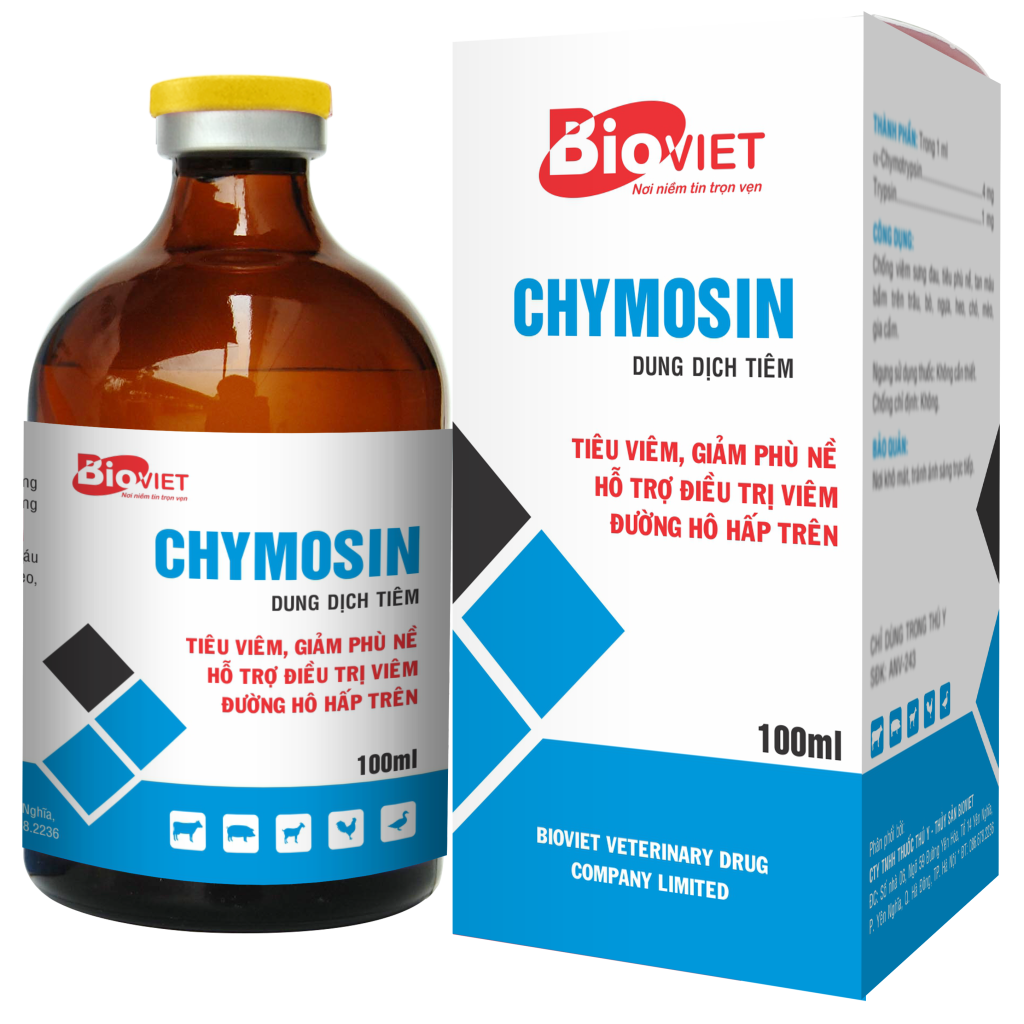 CHYMOSIN : TIÊU VIÊM, GIẢM PHÙ NỀ, HỖ TRỢ KHI ĐIỀU TRỊ BỆNH HÔ HẤP, E.COLI KÉO MÀNG